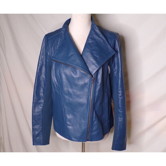 🆕 NORDSTROM Leather Moto Zip Jacket Blue Large (10-12) - Picture 9 of 10